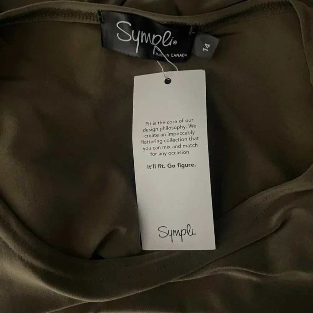 Sympli Trapeze Dress Short Sleeve Size 14 NWT Olive Green Knit Stretch Mod - Picture 5 of 9